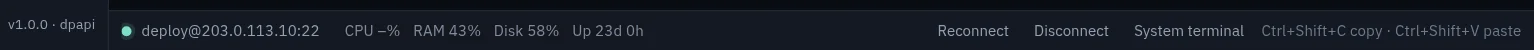 easy-ssh live server stats bar showing CPU, RAM, disk and uptime